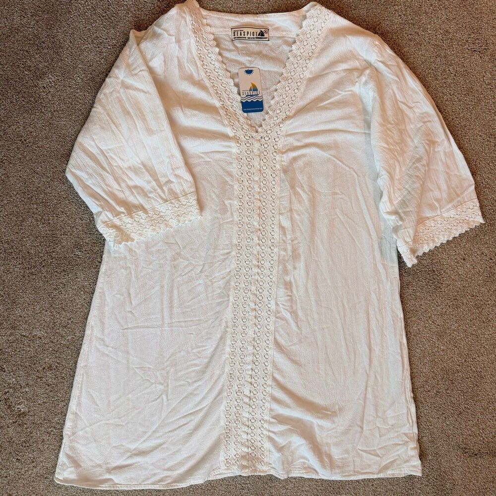 SEASPICE White NWT 100% Peruvian Cotton Crochet Lace Tunic Beach Swim Coverup XL